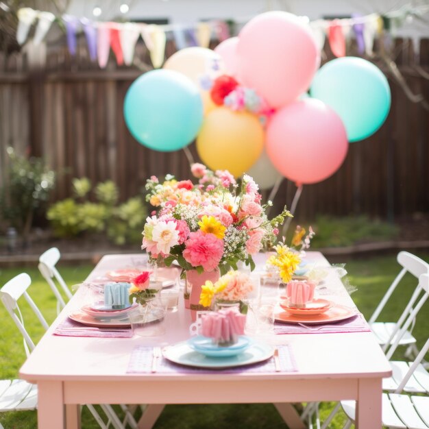 Blooming flowers and colorful balloons set the perfect backdrop