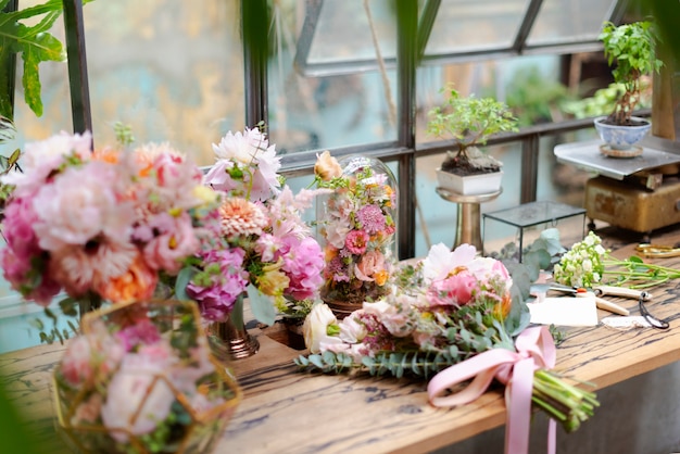 Blooming flowers decor in a flower shop