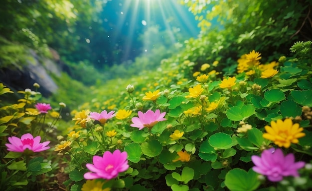Blooming flowers field with beautiful nature background