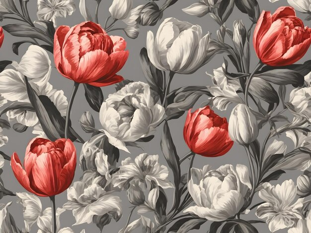 Blooming flowers tulips leaves on grey background