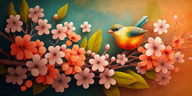Foto fiori che sbocciano con sfondo bokeh e un uccello realizzato con intelligenza artificiale generativa
