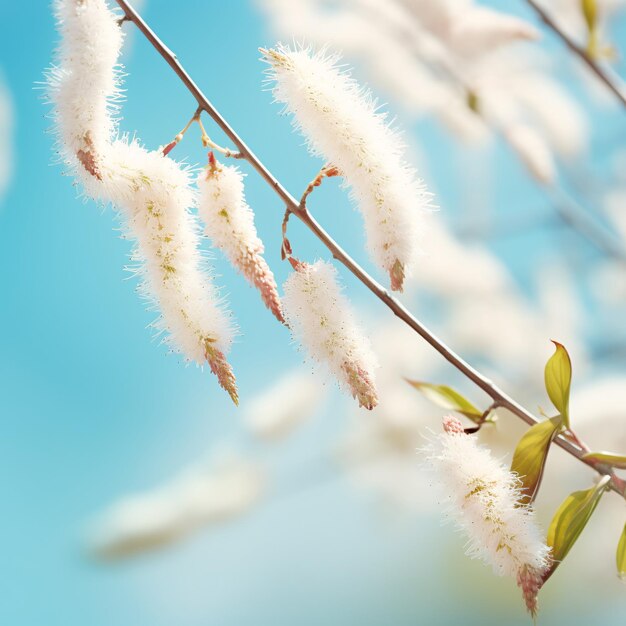 Blooming fluffy willow branches in spring closeup on nature macro with soft focus on turquoise blue