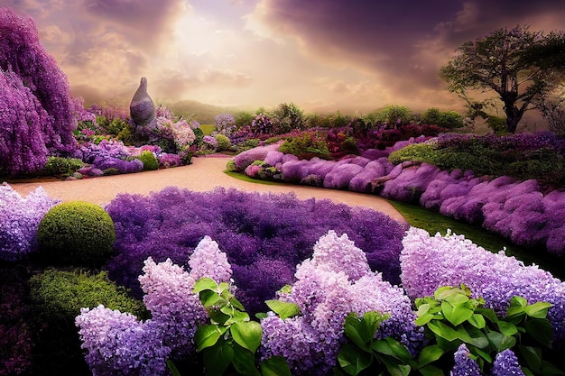 Blooming garden on a summer day sandy paths lilac bushes under the sky with clouds 3D illustration