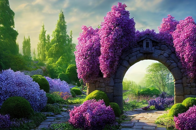 Blooming garden on a summer day stone arch with a path lilac bushes under the sky with clouds 3D illustration