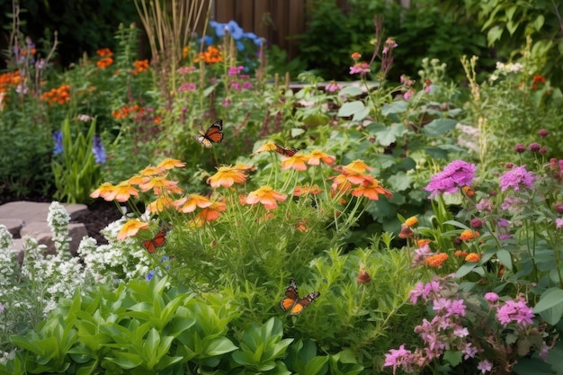 Цветущий сад с жизнью и яркими цветами генеративный IA