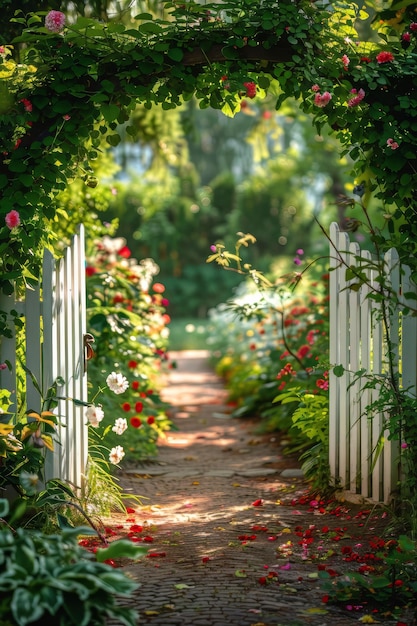 Photo blooming garden with wooden gate