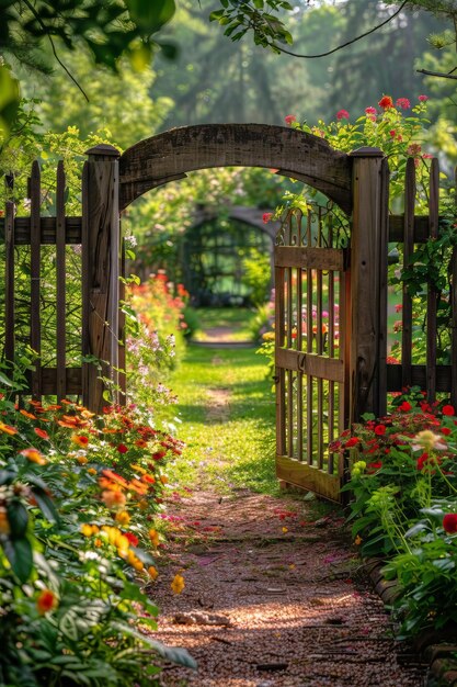 Foto giardino fiorito con cancello di legno