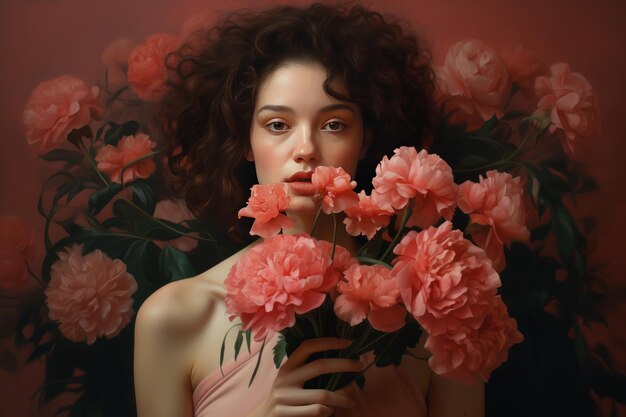 Фото Цветущая грация очаровательная женщина, обнимающая розовые цветы ar 32