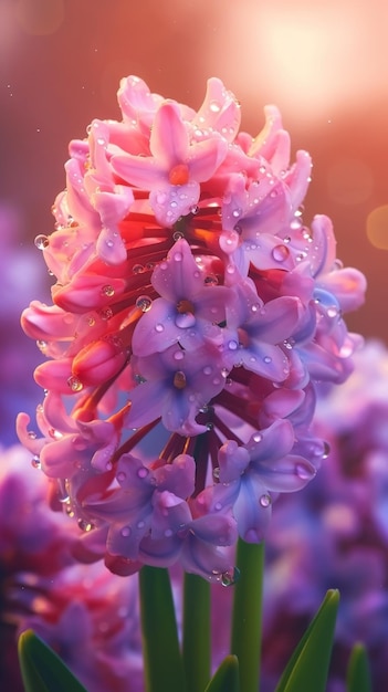 Blooming hyacinth flowers with drops of water closeup background Ai generated