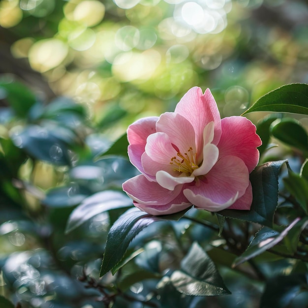 Blooming Japanese camellia in the wild