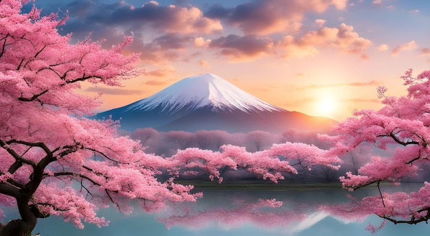 Цветущая японская сакура на фоне горы Фудзи.