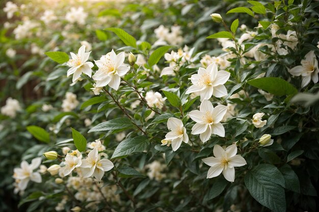 blooming jasmine flowers in a garden at sunset