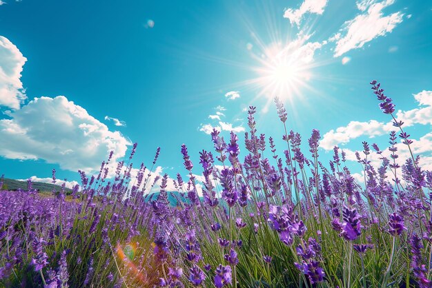 Foto campo di lavanda in fiore sotto il cielo blu alla luce del sole natura fiore viola in estate disegno di striscia