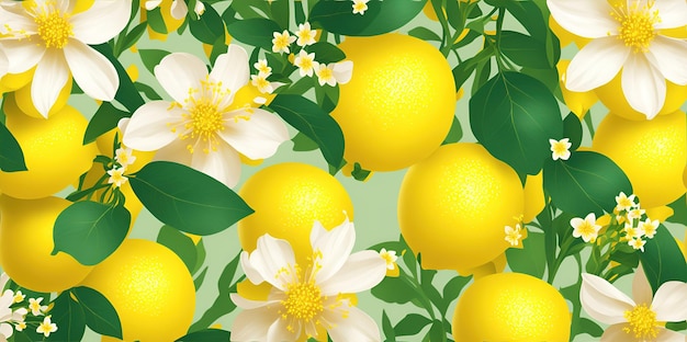 밝은 배경 에 잎 과 과일 이 있는 꽃 이 피는 레몬