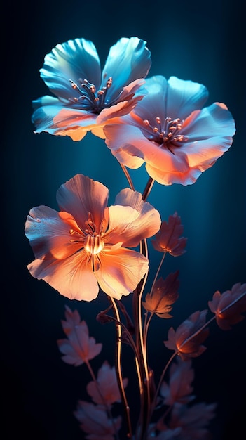 blooming light blue flowers on dark background in the style of luminescent lightscapes