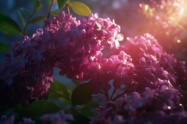 Blooming lilac bushes in soft sunlight close up