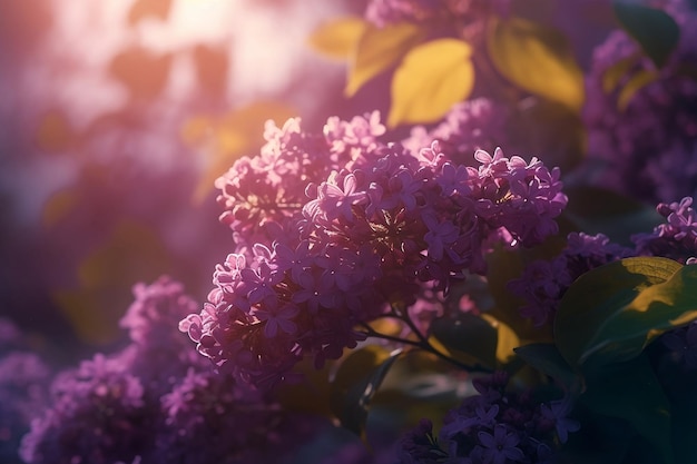 Blooming lilac bushes in soft sunlight close up