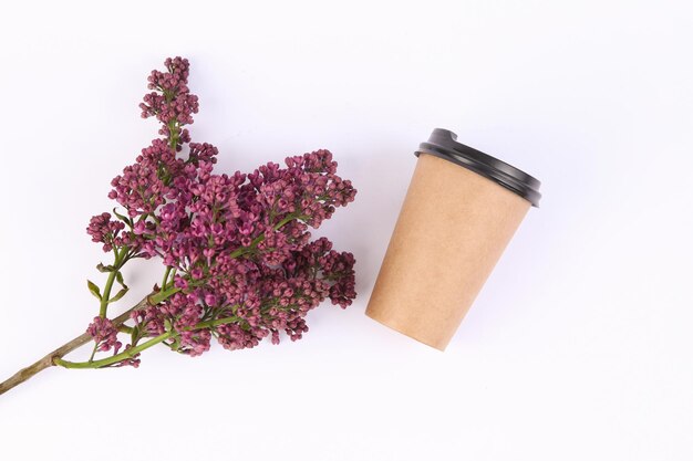 Blooming lilac and cup of coffee on white background