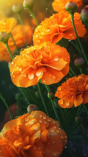 Blooming marigold flowers with drops of water closeup background Ai generated