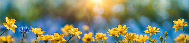 Цветущий луг весенним утром дикие цветы мягкий фокус панорамный