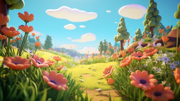 Blooming meadows cartoon landscape sunny day