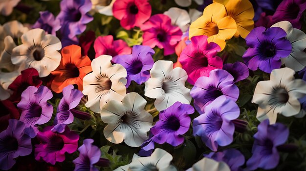 Blooming Mix of Multiflora Petunias in Flower Garden