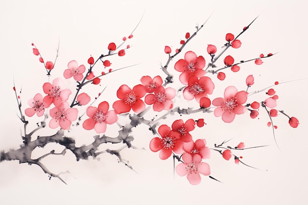 Blooming peach blossom branches handpainted watercolor illustration material in ink style