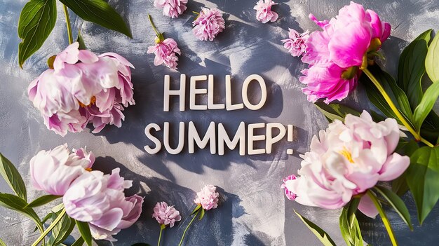 Фото Цветущие пионы с знаком hello summer яркий дух и цвета летнего сезона