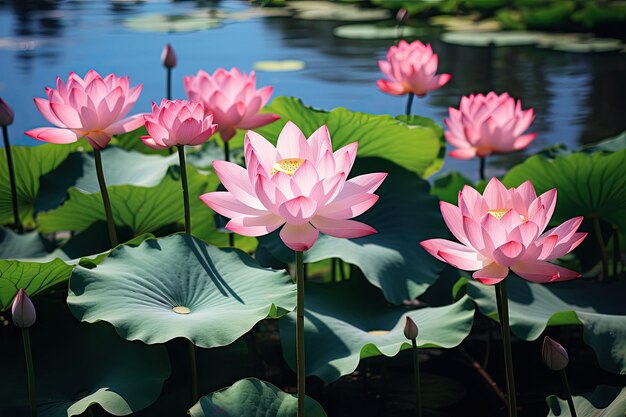 Blooming pink lotus or water lily on pond