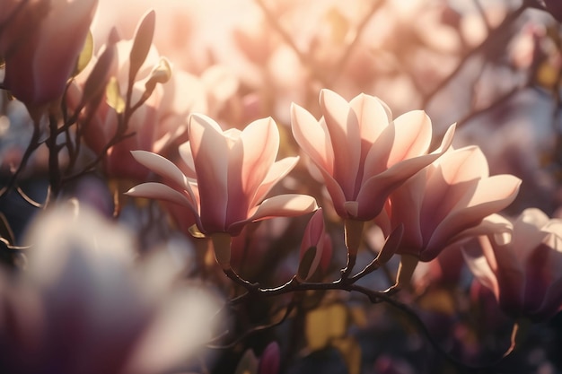 Blooming pink magnolia branches in soft sunlight close up