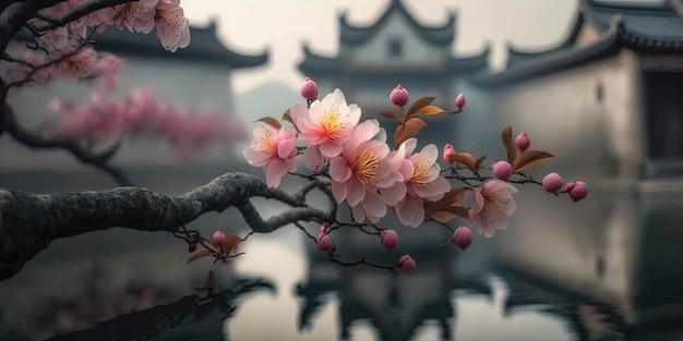 A blooming pink peach blossom the posture of the tree is beautiful the pink peach blossom is very gorgeous grows next to the pool of the courtyard of the ancient building AIGenerated