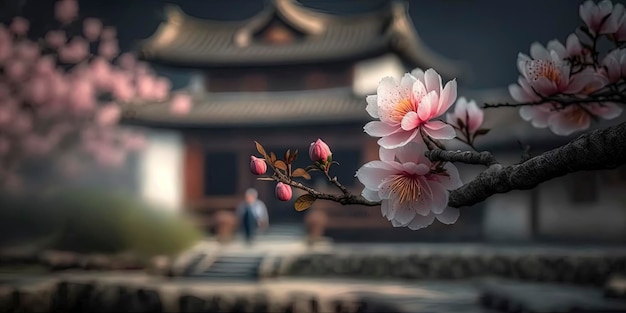 A blooming pink peach blossom the posture of the tree is beautiful the pink peach blossom is very gorgeous grows next to the pool of the courtyard of the ancient building AIGenerated