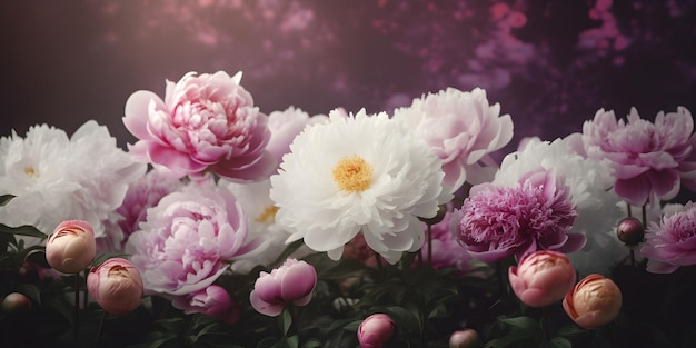 Blooming pink peony flowers wide long banner