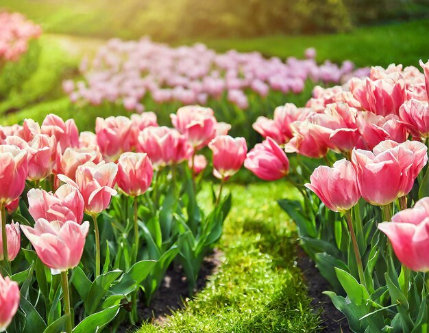 blooming pink tulips in the park on a sunny day