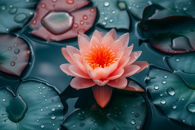 Blooming pink water lily on pond
