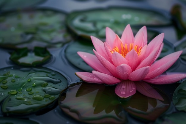 Blooming pink water lily on pond