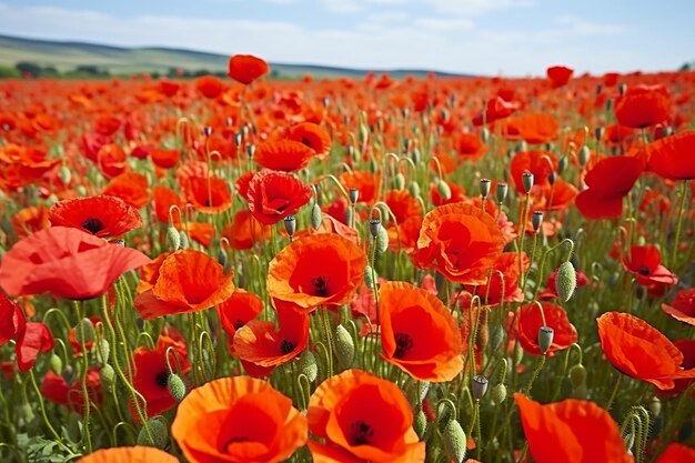 Blooming poppies a field in full splendor