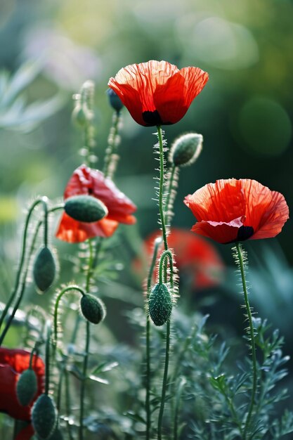 Photo blooming poppies in a garden generative ai