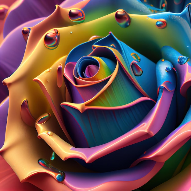 Blooming rainbow rose with water drops Generative Ai