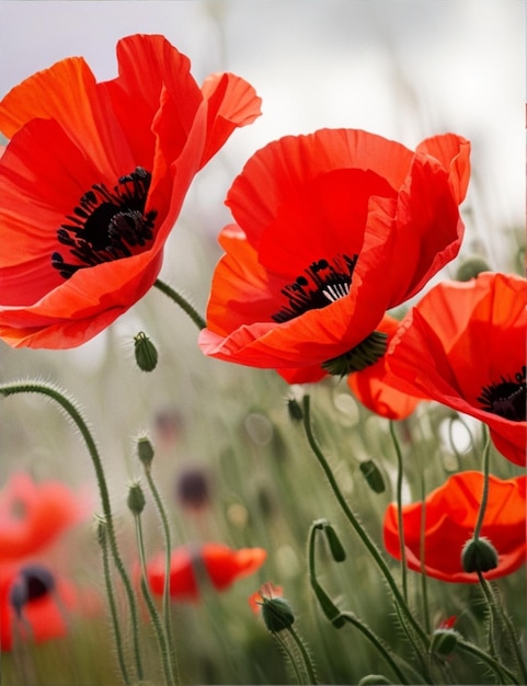 Blooming red poppies