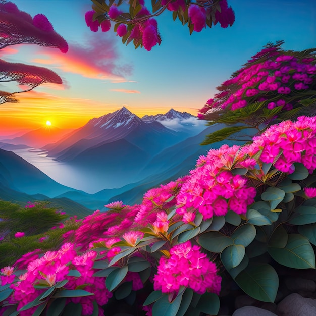 Blooming rhododendron in the mountains attractive summer sunrise with pink rhododendron flowers