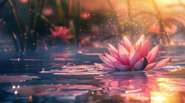 Blooming rosy lotus illuminated by rays of light