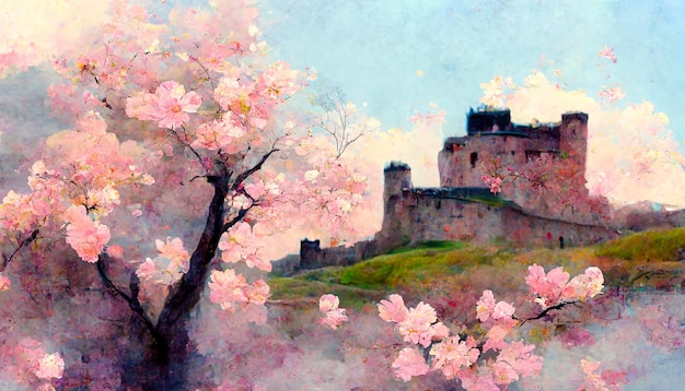 Blooming sakura on the background of the castle