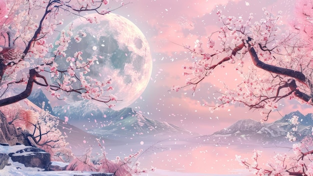 Blooming sakura and moon fantasy view of cherry blossom and snow in spring Concept of travel nature japan season winter peace