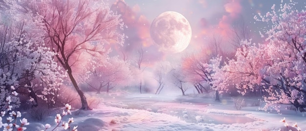 Blooming sakura and moon stunning landscape with snow and cherry blossom in spring Concept of travel nature japan season winter peace