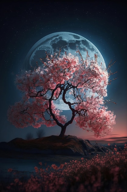 Blooming sakura tree at night with full moon