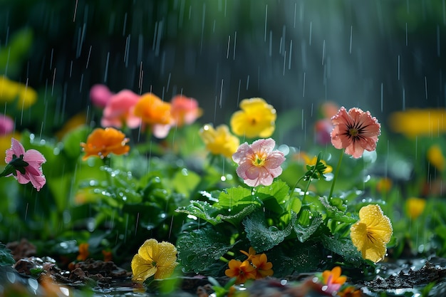 Photo blooming spring flowers under rain in garden