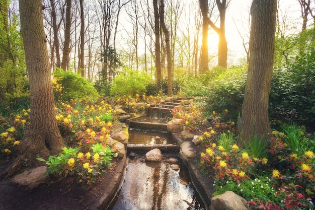 Blooming spring park with water cascade