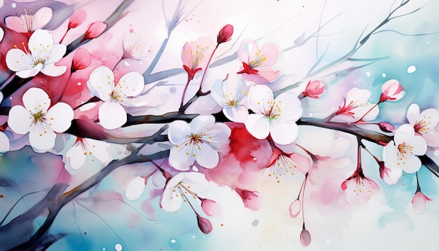 꽃이 피는 봄 나무 가지 가 수채화 스타일 로