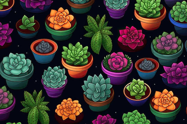 Blooming Succulents on Black The illustration features vibrant blooming cacti and succulents against a black background
